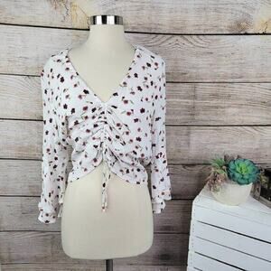 Flynn Skye Kirsty Women's‎ Cream Floral Ruched Long Sleeves Crop Blouse Top XS